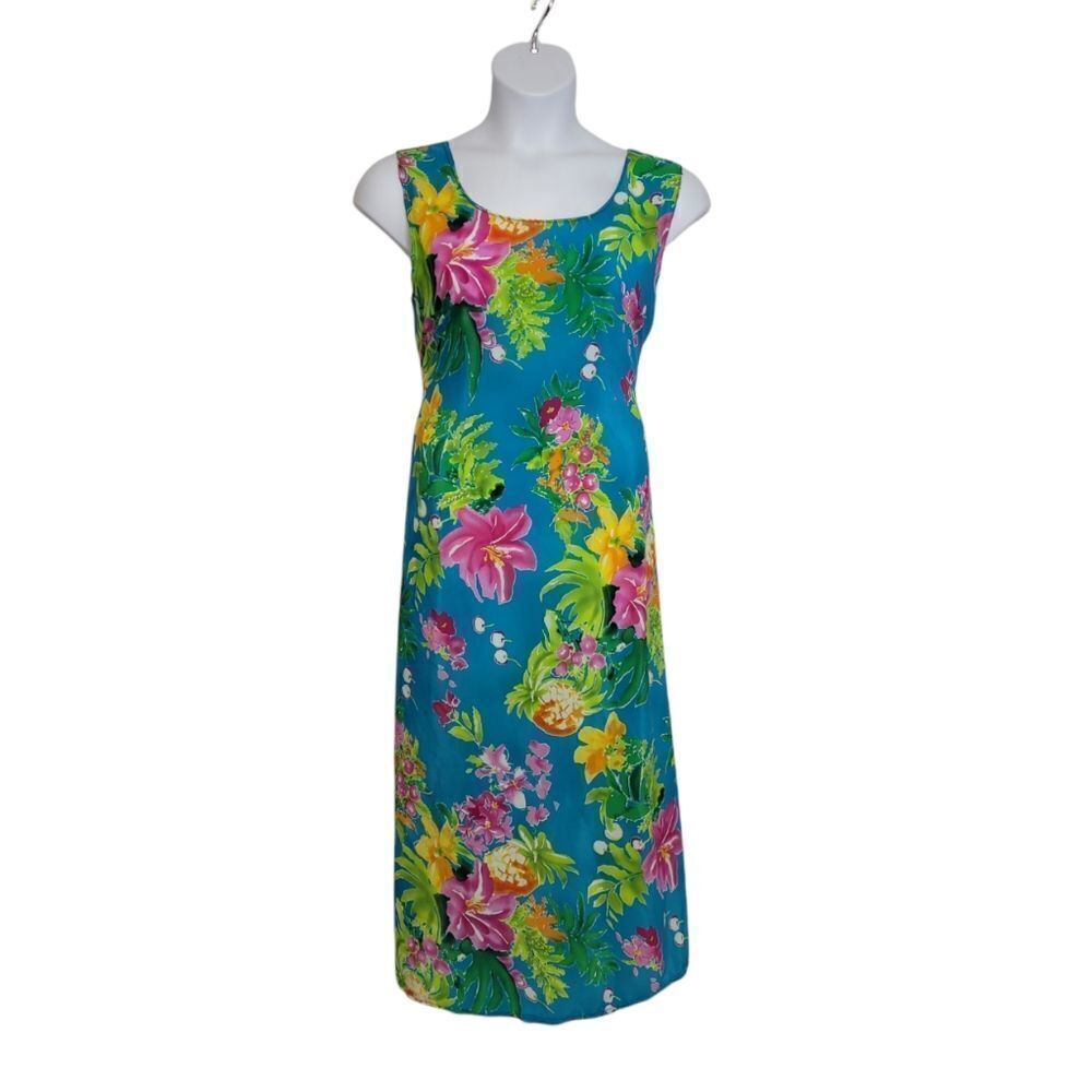 VINTAGE 90s Hawaiian dress floral blue sleeveless lightweight L